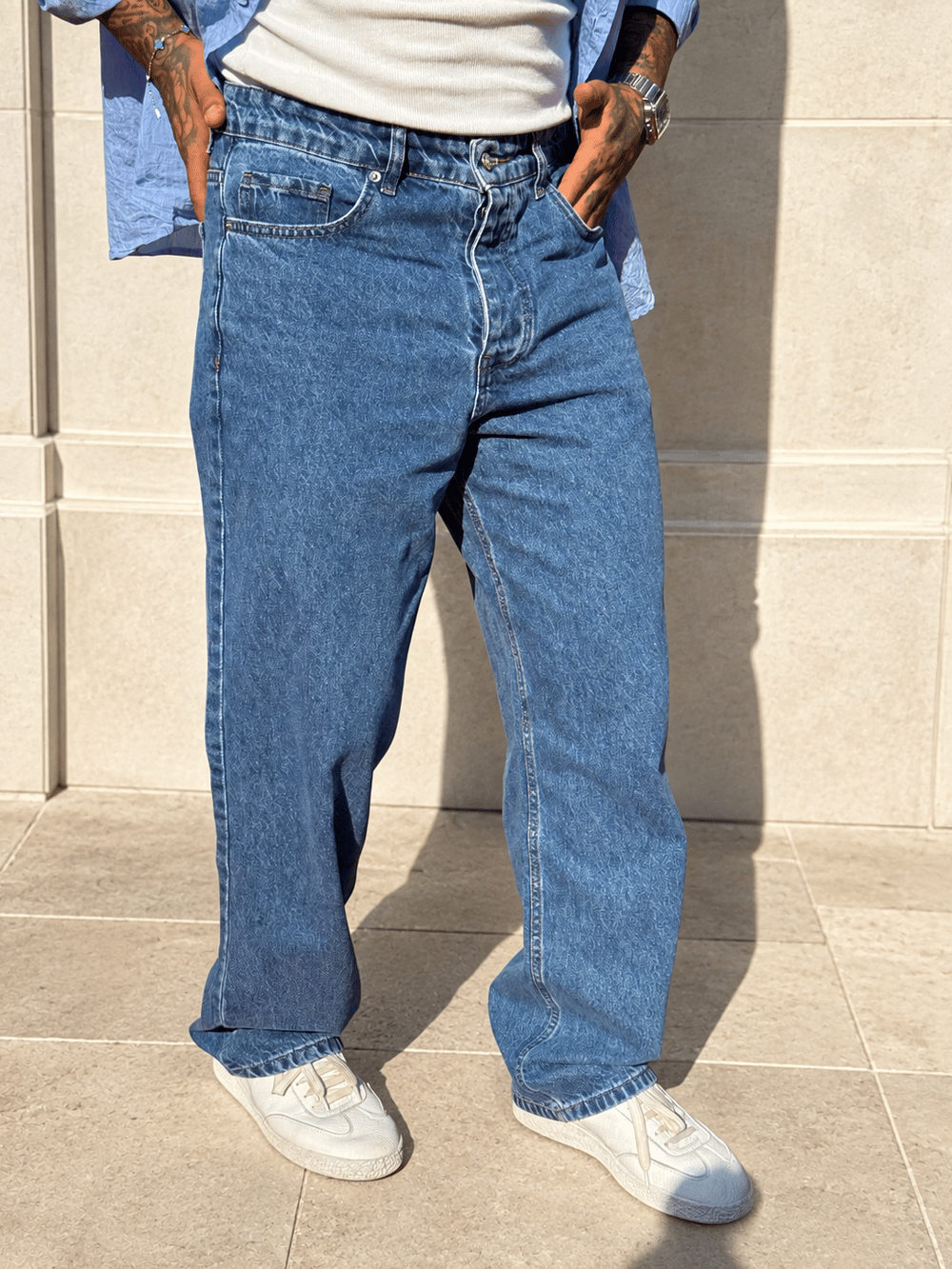 Erkek Mavi Yüksek Bel Bol Paça Oversize Jean Pantolon