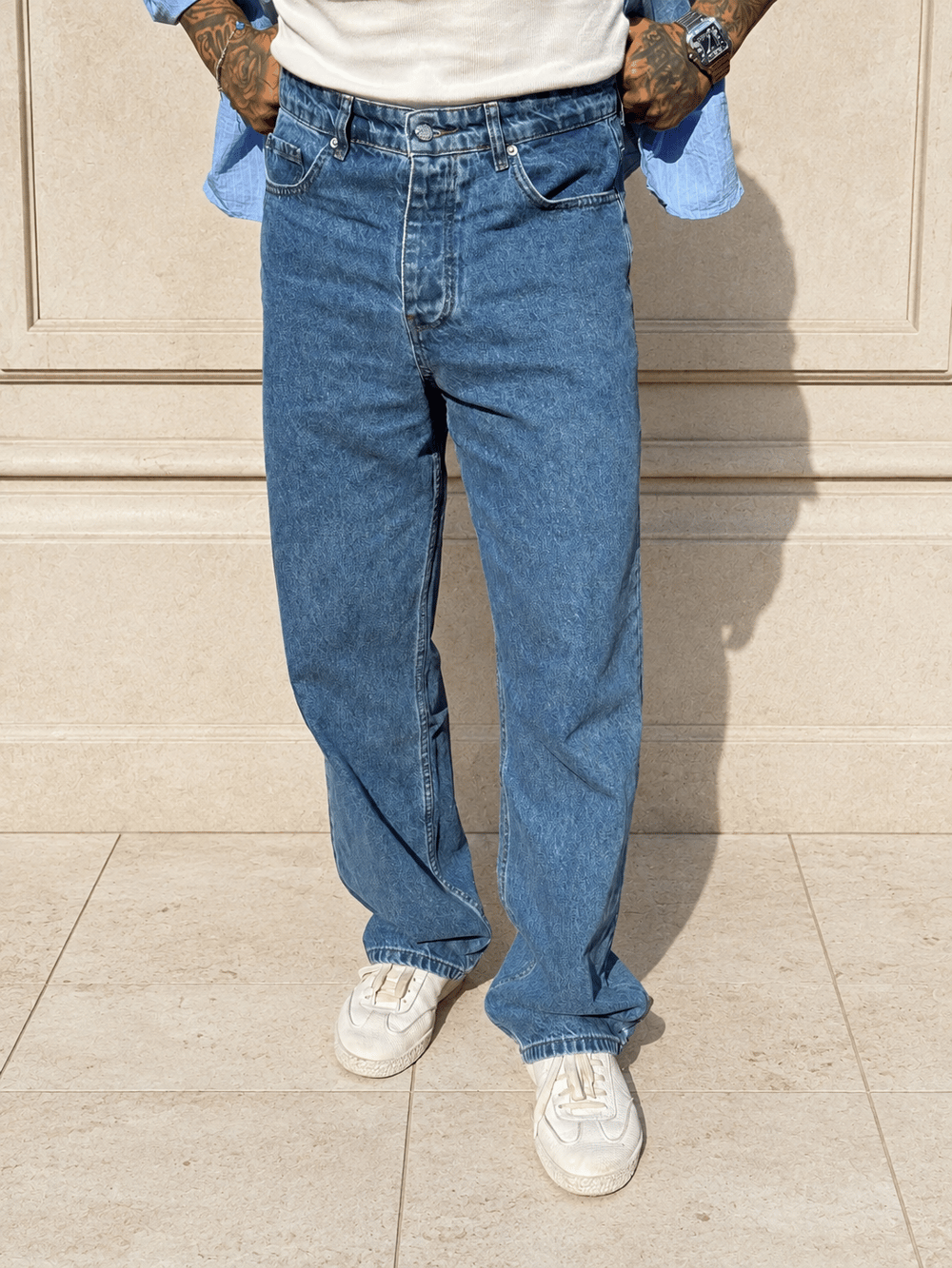 Erkek Mavi Yüksek Bel Bol Paça Oversize Jean Pantolon