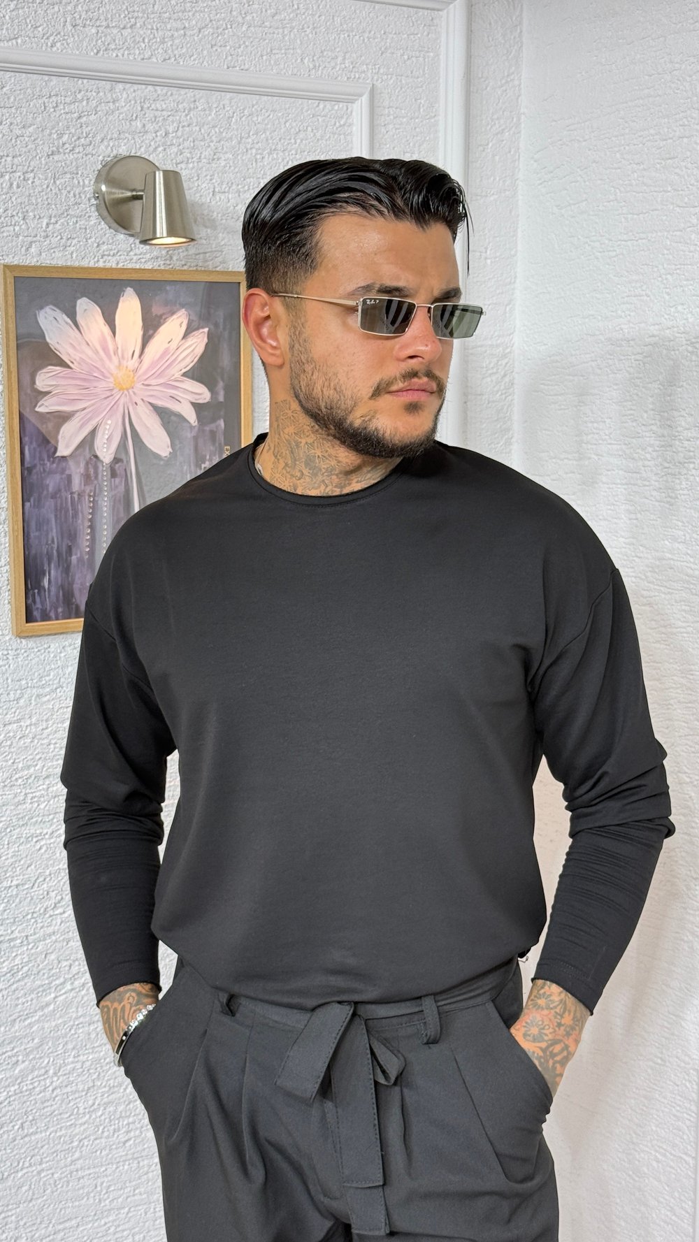 Erkek Siyah Oversize Bisiklet Yaka Uzun Kollu Sweatshirt