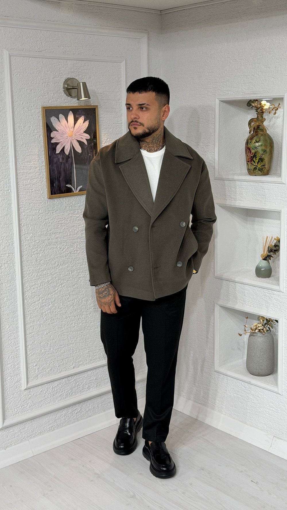 Koyu Vizon Oversize Kruvaze Kaşe Ceket