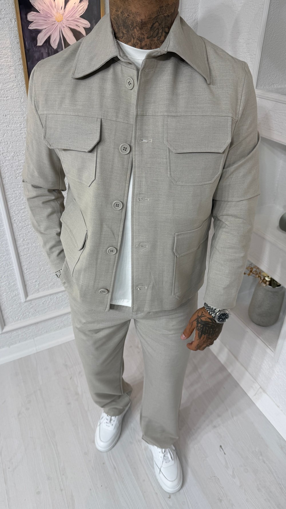 Oversize Kesim Cepli Bej Gabardin Ceket & Pantolon Takım