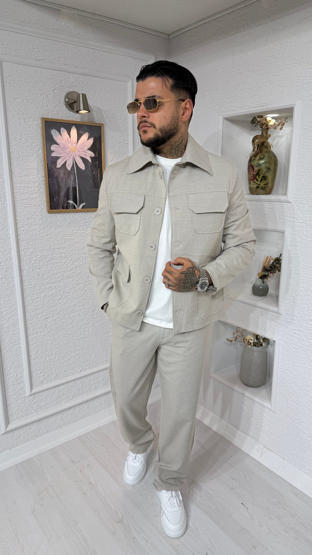 Oversize Kesim Cepli Bej Gabardin Ceket & Pantolon Takım