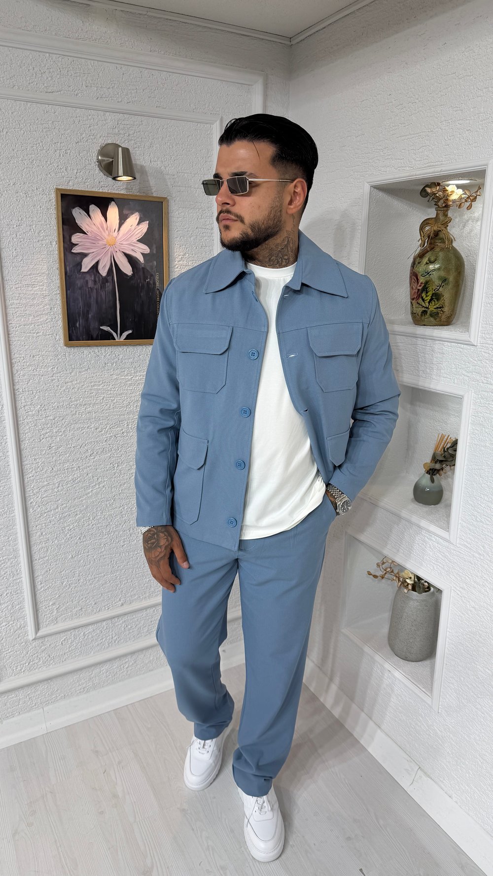 Oversize Kesim Cepli Mavi Gabardin Ceket & Pantolon Takım