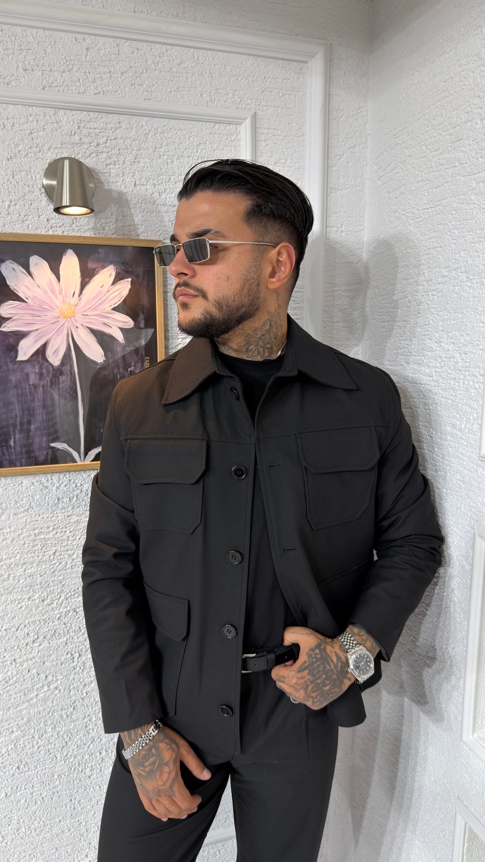 Oversize Kesim Cepli Siyah Gabardin Ceket & Pantolon Takım