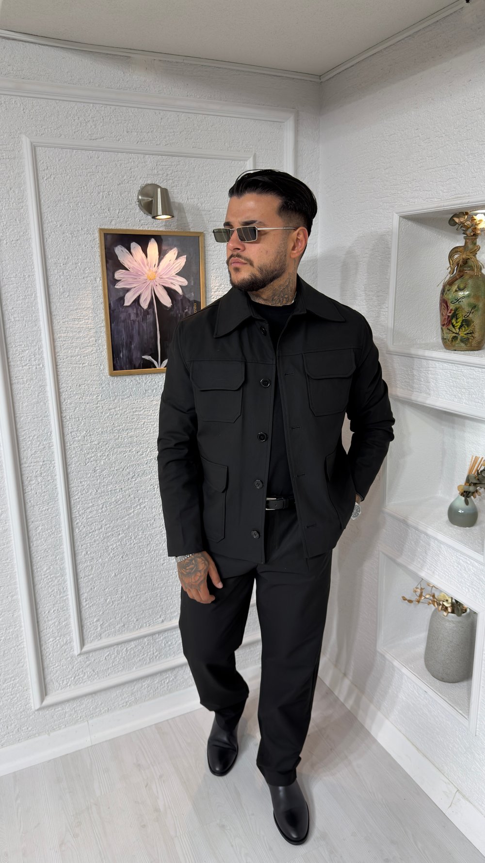 Oversize Kesim Cepli Siyah Gabardin Ceket & Pantolon Takım
