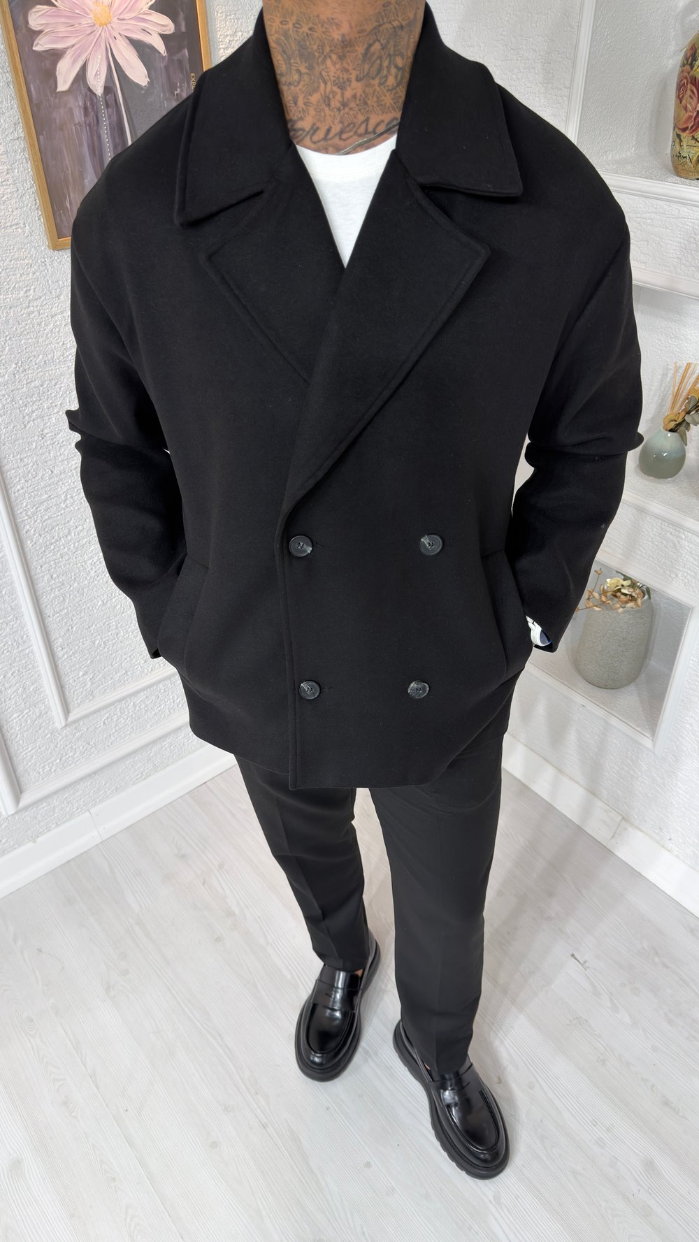 Siyah Oversize Kruvaze Kaşe Ceket