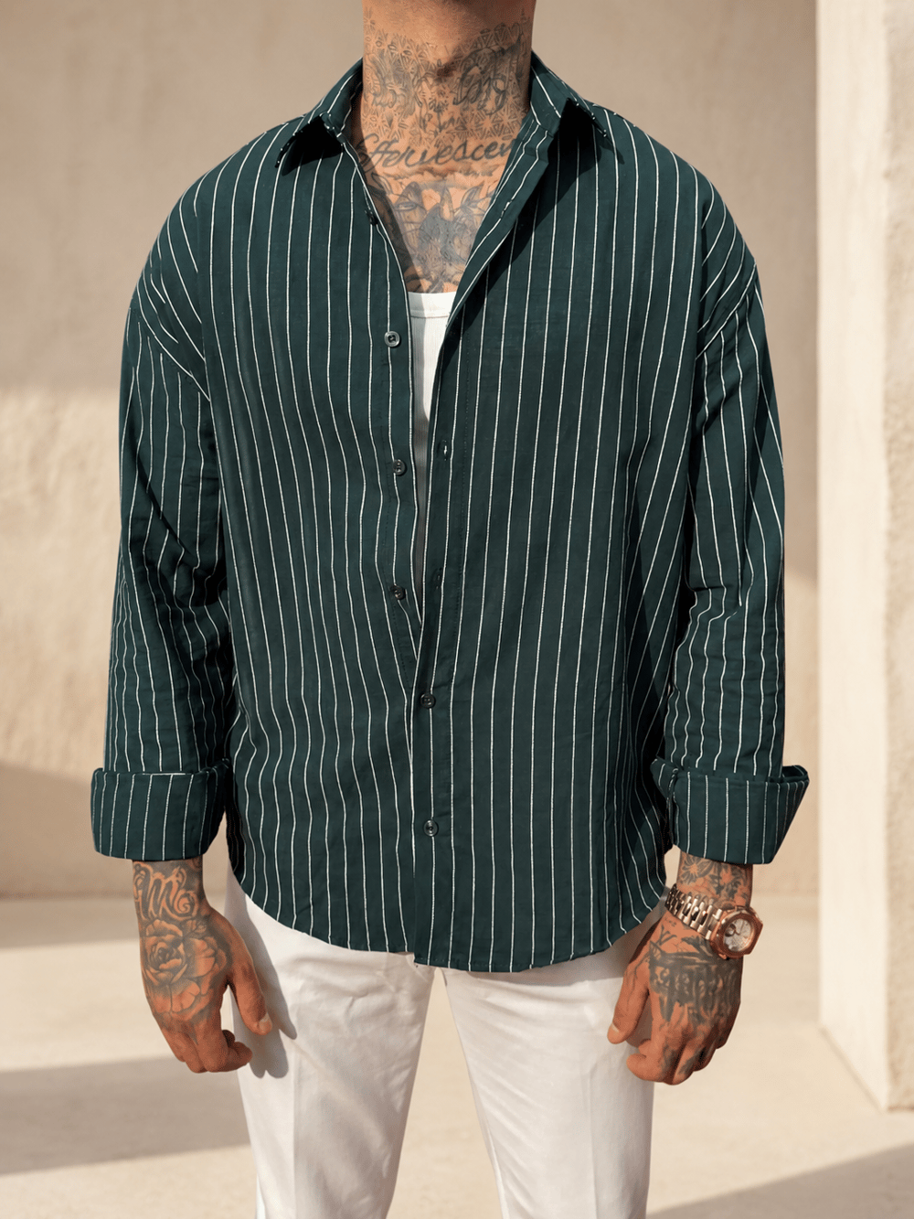 Yeşil Çizgili Oversize Gömlek TD