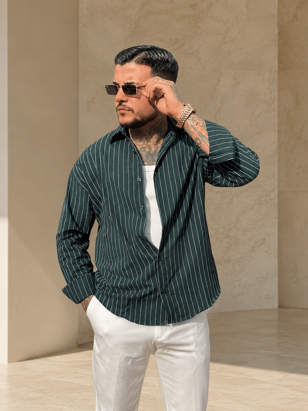 Yeşil Çizgili Oversize Gömlek TD