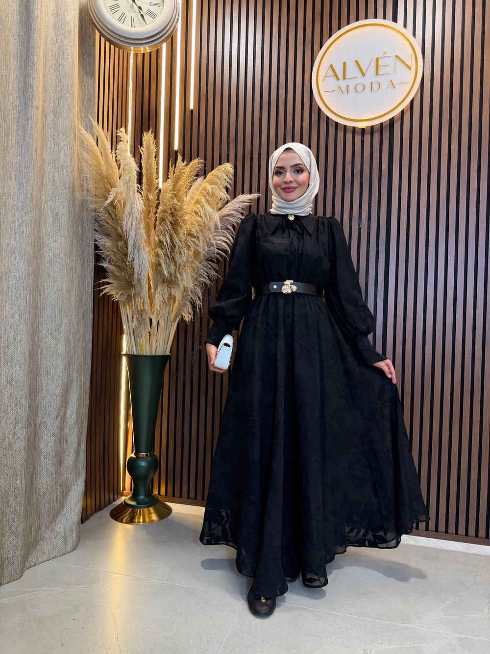Alina Çiçek Desenli Kemerli Elbise | Siyah