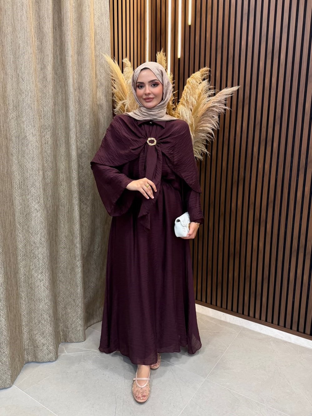 Elin Pelerin Detaylı Broşlu 3 lü Takım | Mürdüm