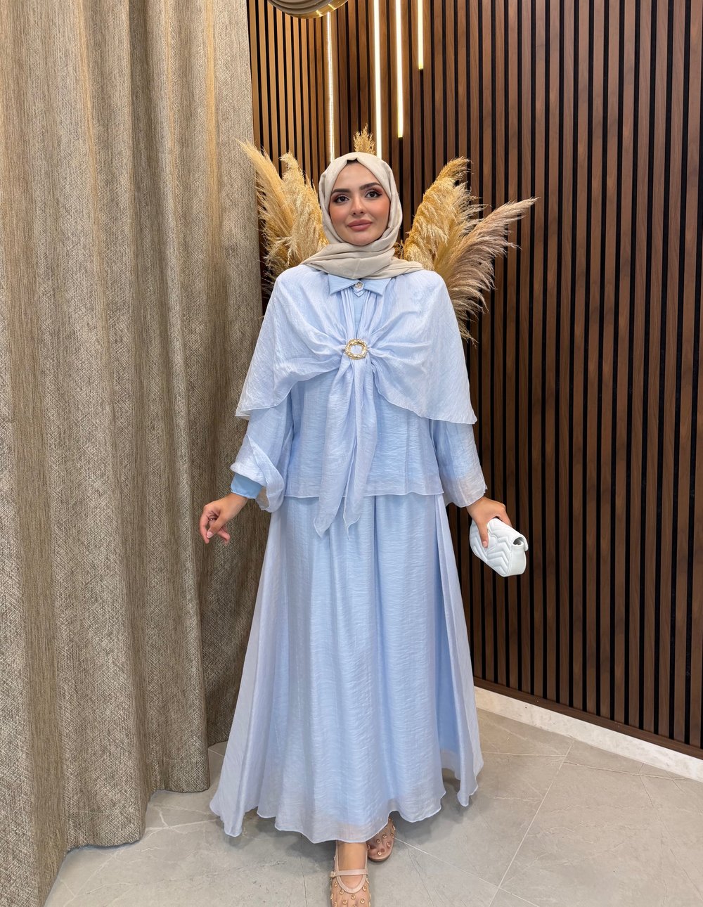 Elin Pelerin Detaylı Broşlu 3 lü Takım | Mavi