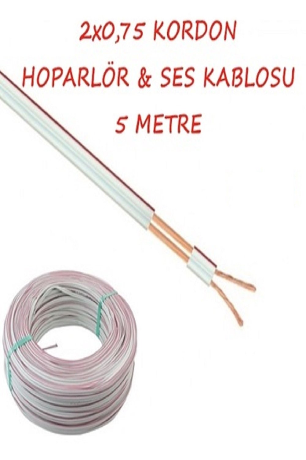 KARS 2x0,75 Kordon Ses Led Ve Hoparlör Kablosu Şeritli Beyaz Kablo 5 Metre
