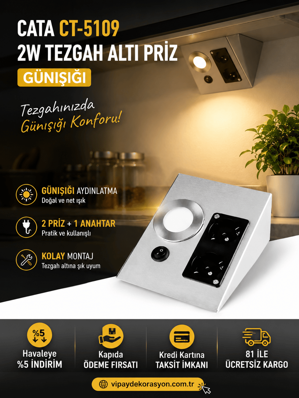 Cata Ct-5109 2W Tezgah Altı Priz Günışığı