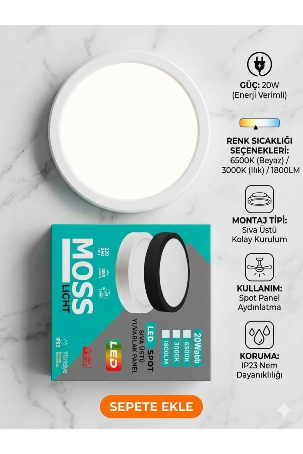 VİP AYDINLATMA / 20 WATT YUVARLAK PLASTİK KASA SPOT 6500K