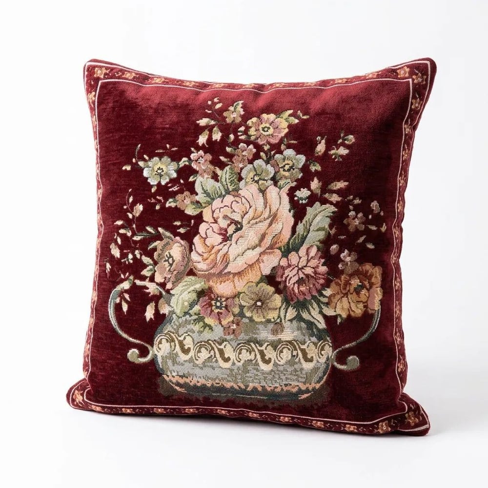 Leke Tutmaz Şönil Dokuma Goblen Kırlent Kılıfı 45x45 cm Çiçek Desenli Vintage Kırlent Kılıfı - Bordo