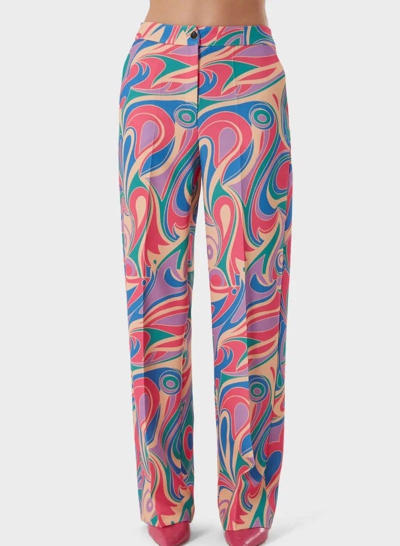 Mizalle Retro Soyut Desenli Düz Paça Kadın Pantolon Bej/Pembe
