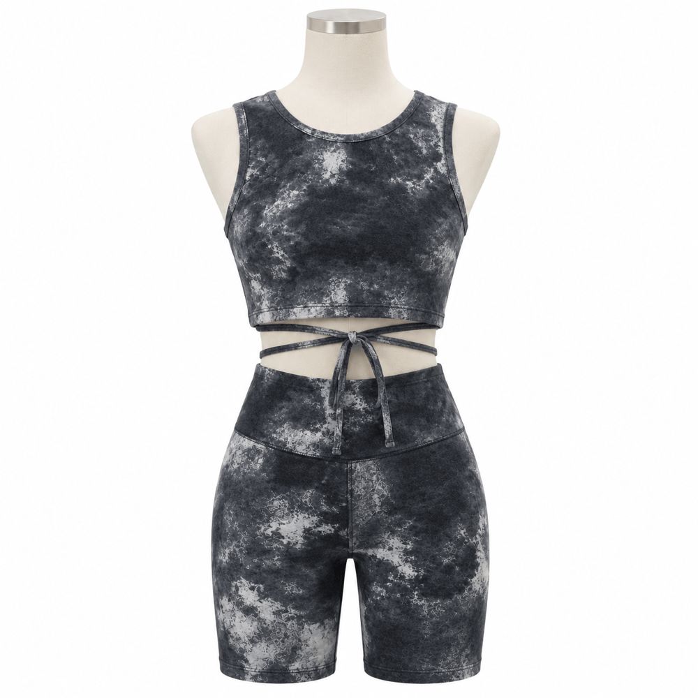 Penti Desenli Siyah-Gri Crop Top ve Kısa Tayt Takımı