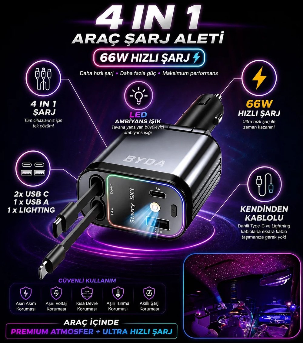 4 in 1 Araç Şarjı Ambiyans Aydınlatmalı