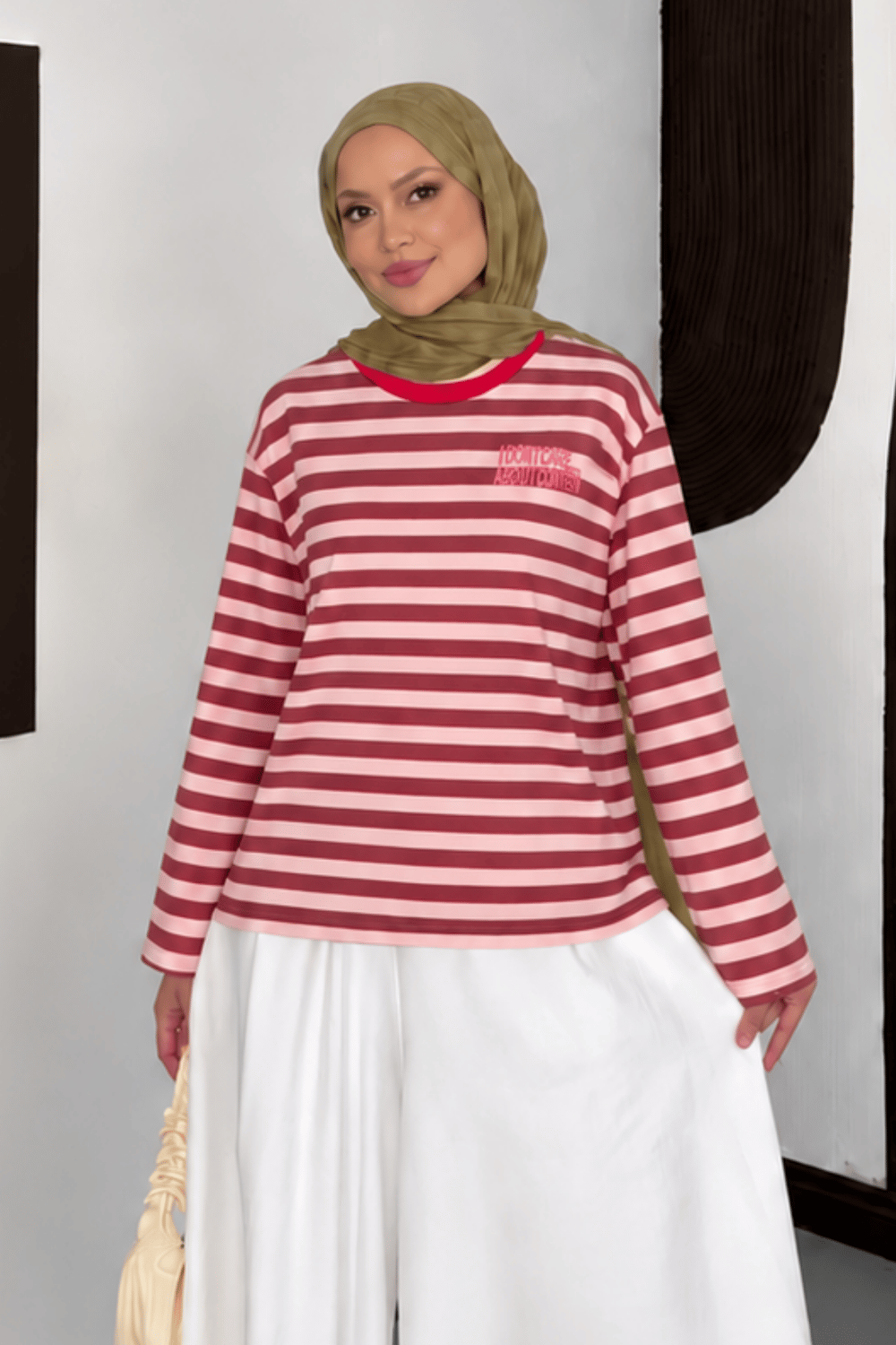 Baskılı Kırmızı Pembe Çizgili Varelle T-shirt