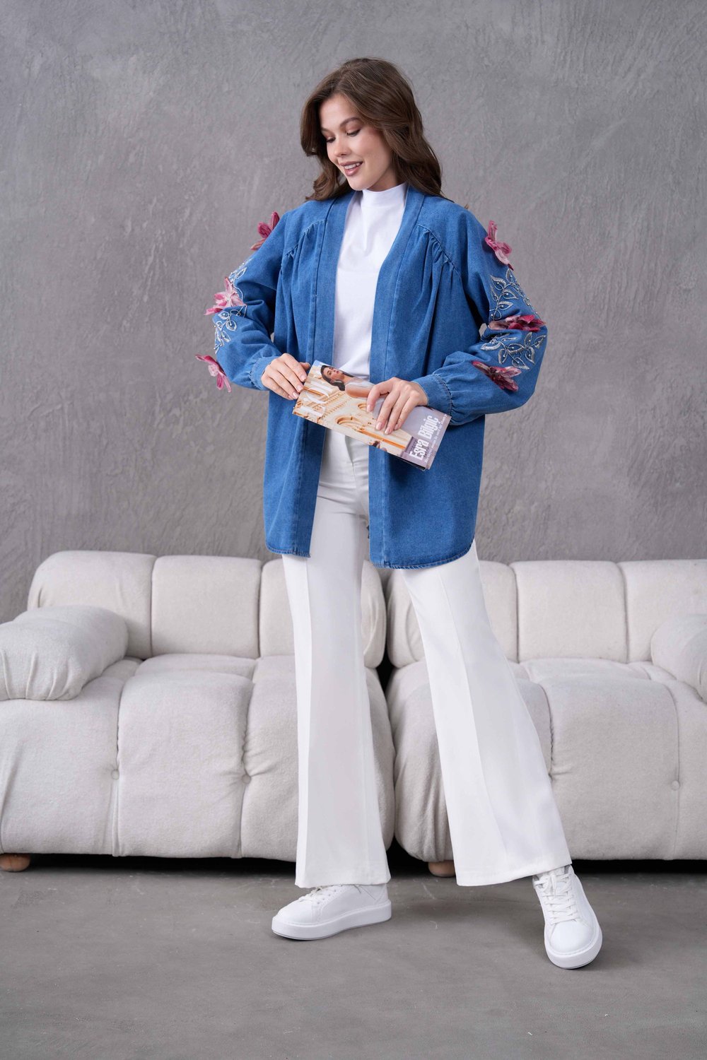 Larin İşlemeli Kot Kimono  - Lacivert