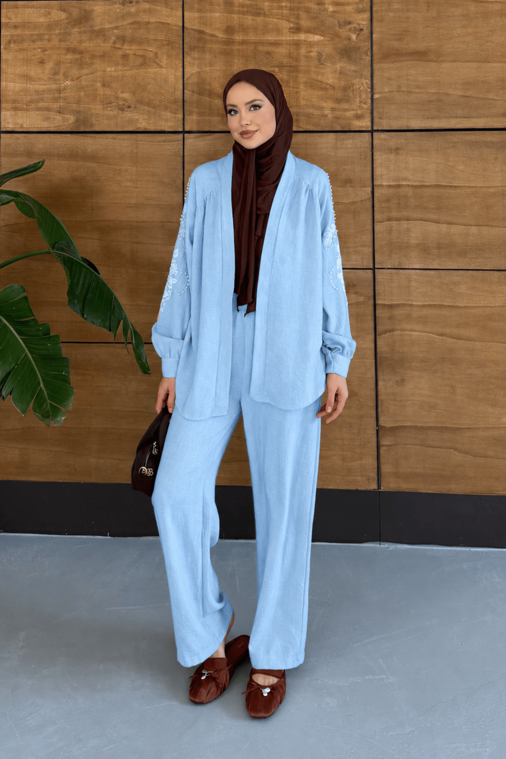 Liora İşlemeli Keten Kimono Takım  - Açık Mavi