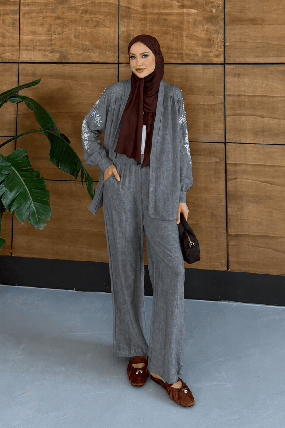 Liora İşlemeli Keten Kimono Takım  - Antrasit
