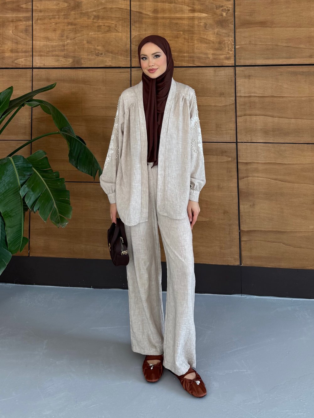Liora İşlemeli Keten Kimono Takım  - Kahve
