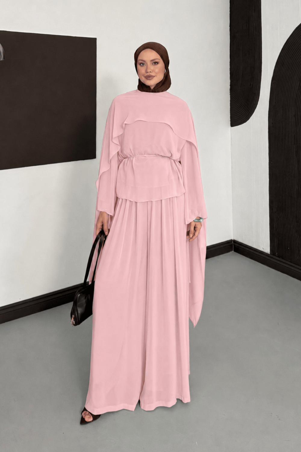 Meyra Pelerinli Şifon Takım - Pembe