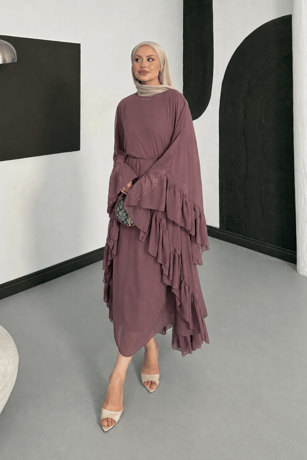 Mila Fırfırlı Şifon Abaya - Kahverengi