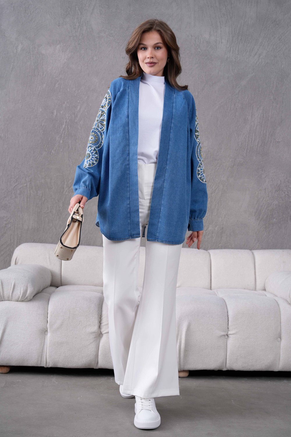 Mirina İşlemeli Kot Kimono  - Mavi