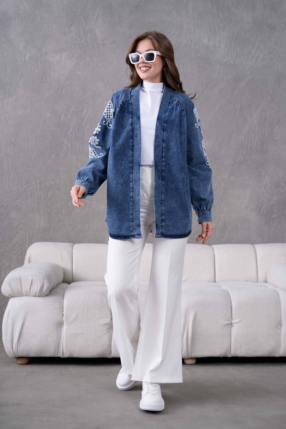 Soren İşlemeli Kot Kimono  - Koyu Mavi