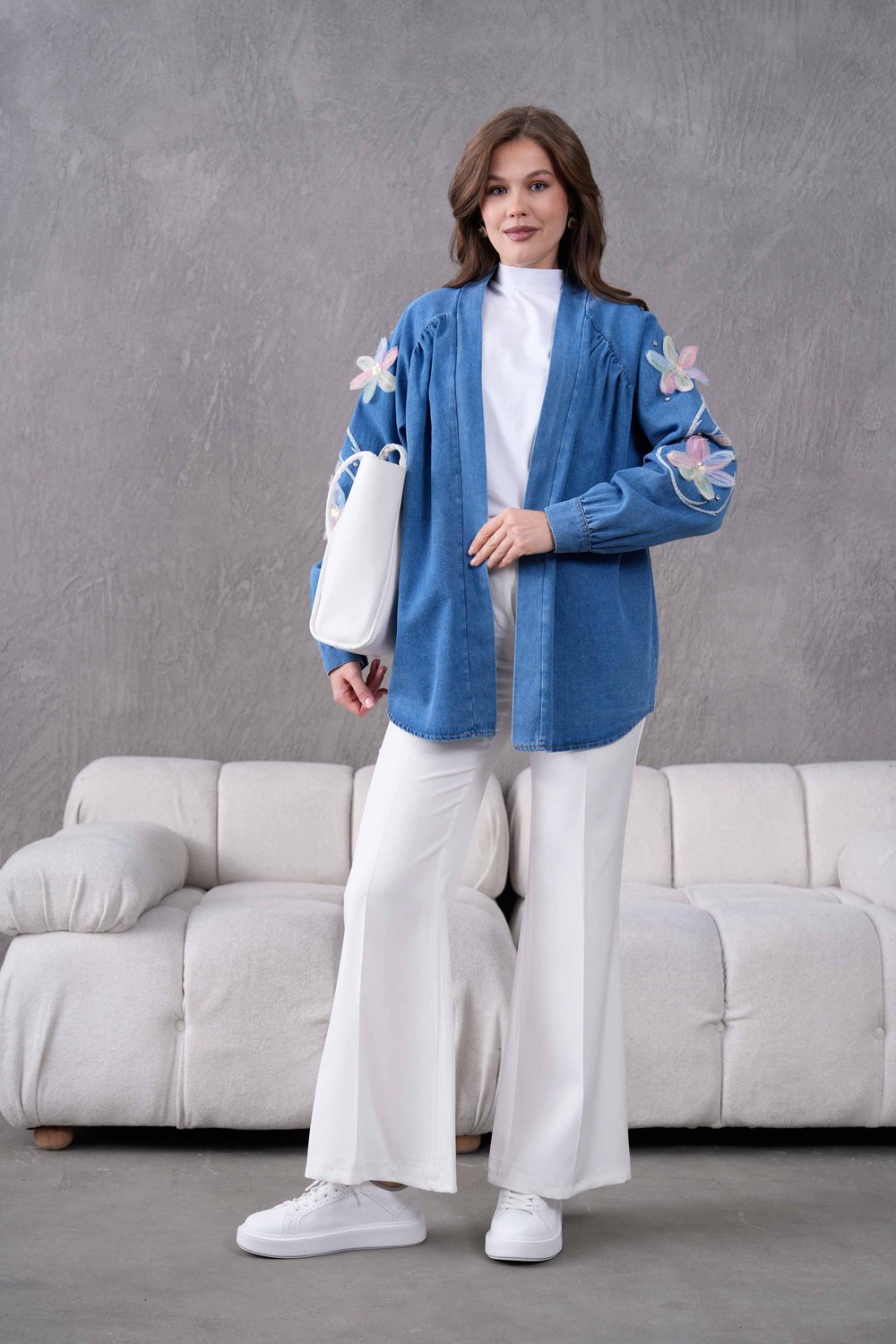 Vera İşlemeli Kot Kimono  - Mavi