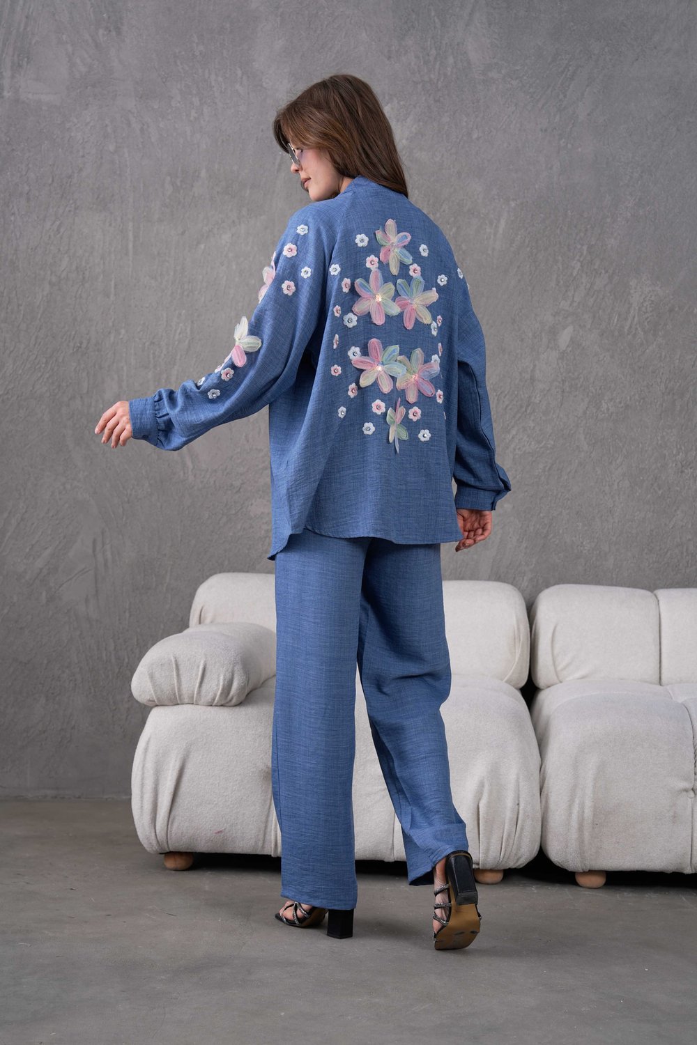 Verona İşlemeli Keten Kimono Takım - Lacivert