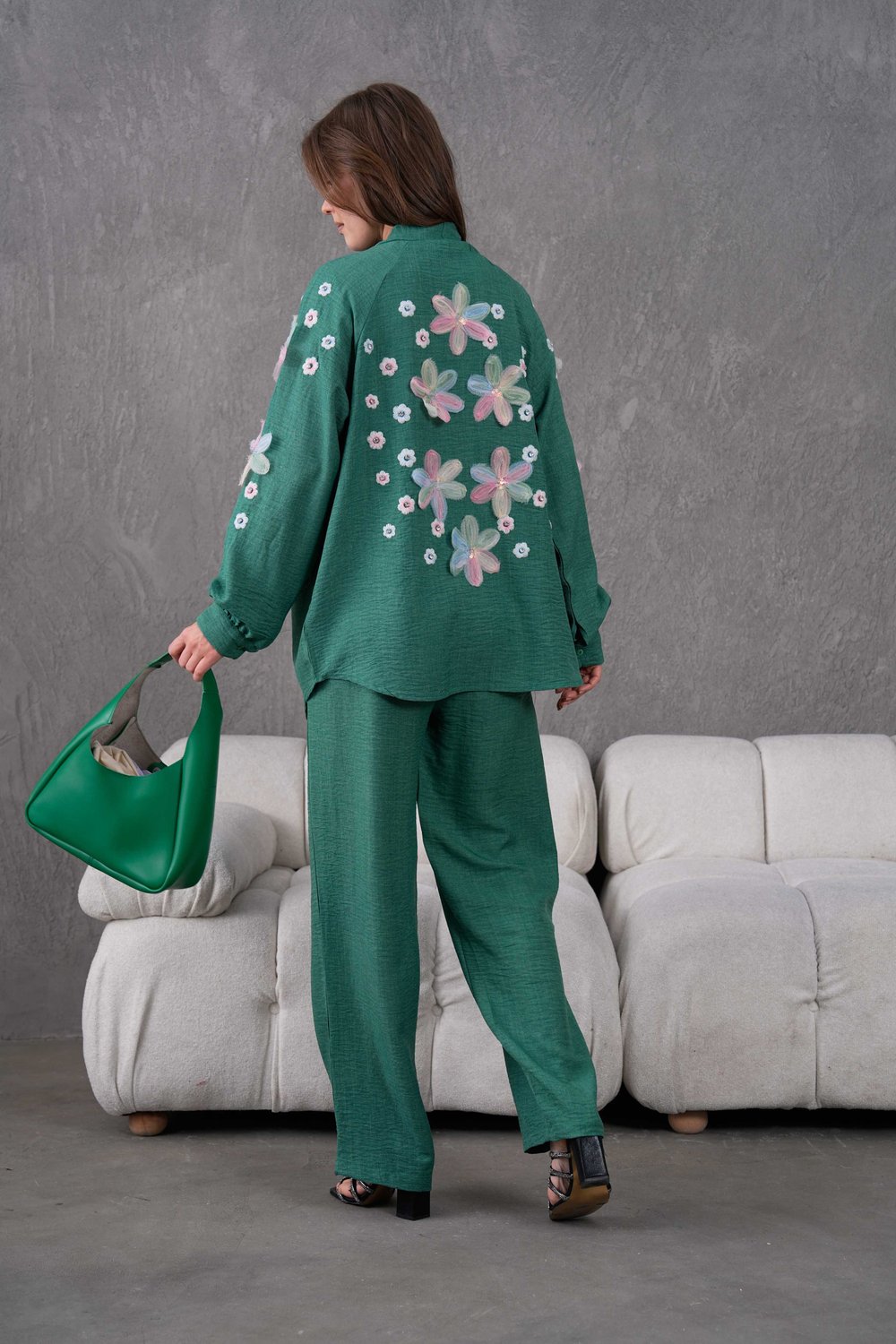 Verona İşlemeli Keten Kimono Takım - Yeşil