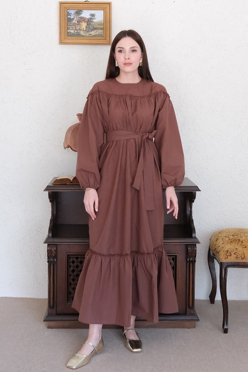 Acı Kahve Eteği Fırfırlı Elbise