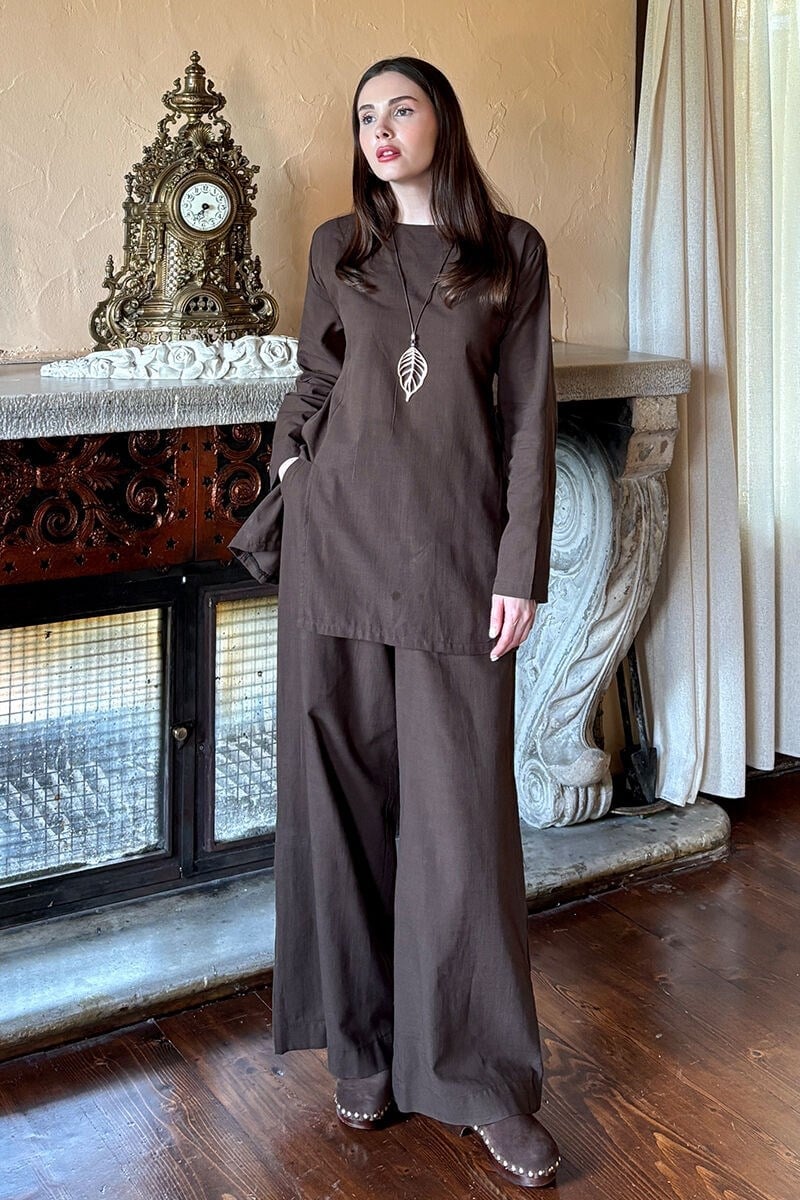 Acı Kahve Flam Keten Yırtmaçlı Tunik & Pantolon Takım