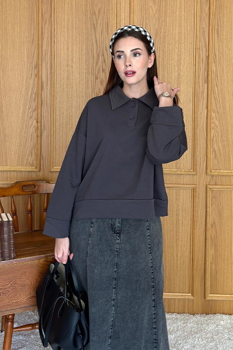 Antrasit Polo Yaka Crop