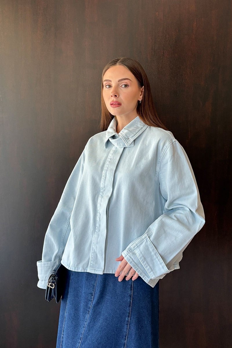 Bebe Mavisi Gömlek Yaka Düğmeli Crop Denim Ceket