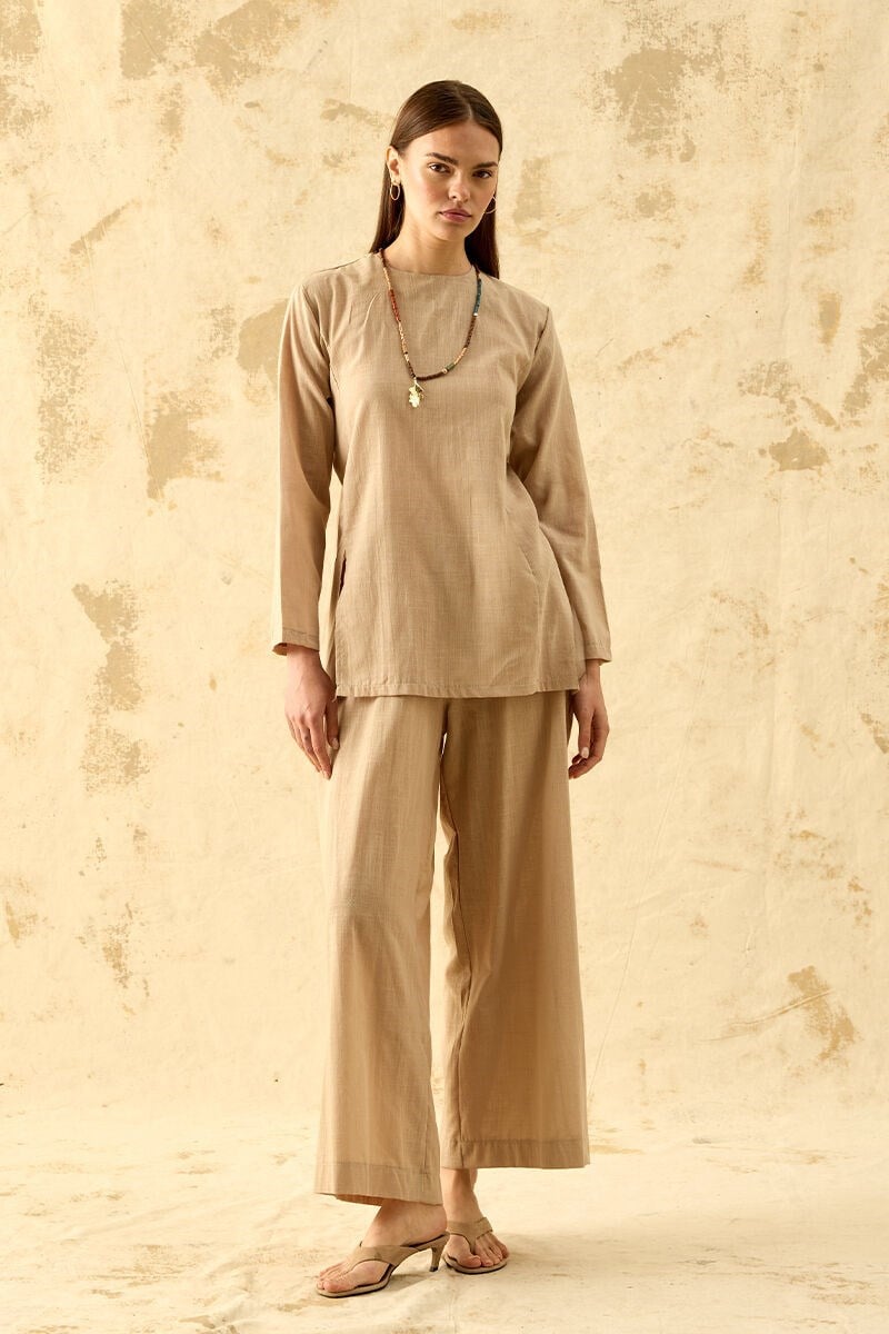 Bej Flam Keten Yırtmaçlı Tunik & Pantolon Takım