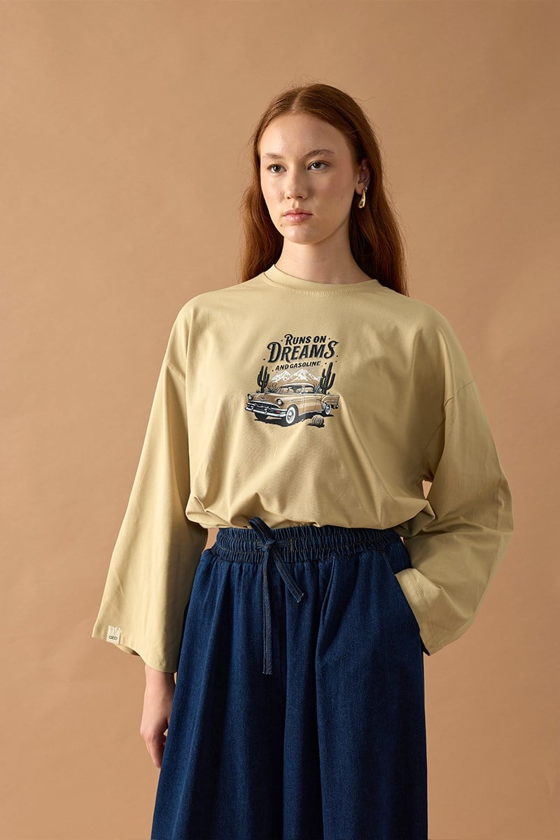 Bej Retro Araba Baskılı Uzun Kollu Body