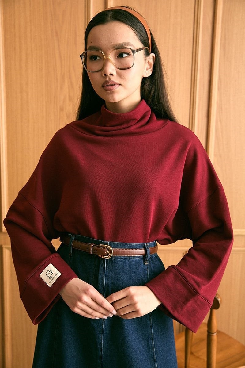 Bordo Dik Yaka Kışlık Bluz