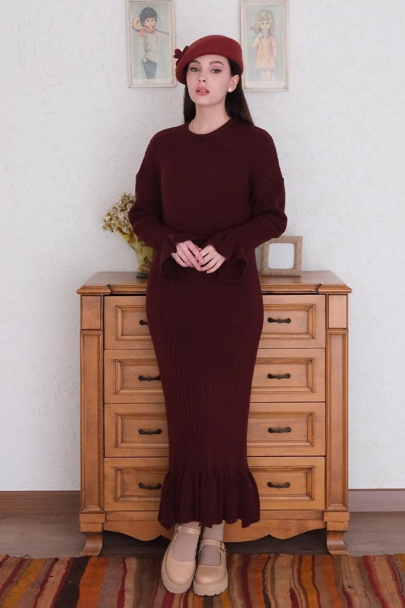 Bordo Fırfırlı Triko Elbise