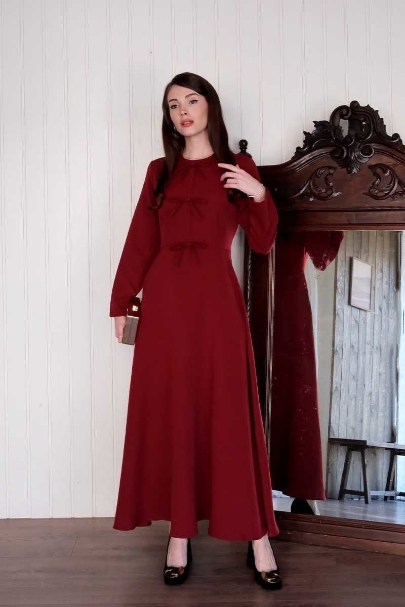 Bordo Fiyonk Detay Krep Elbise