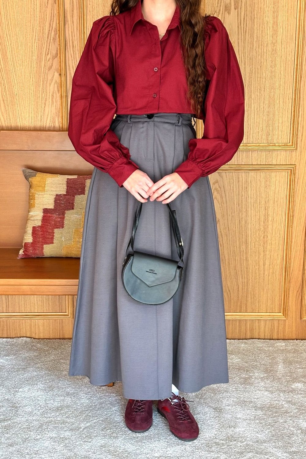 Bordo Klasik Yaka Crop Gömlek