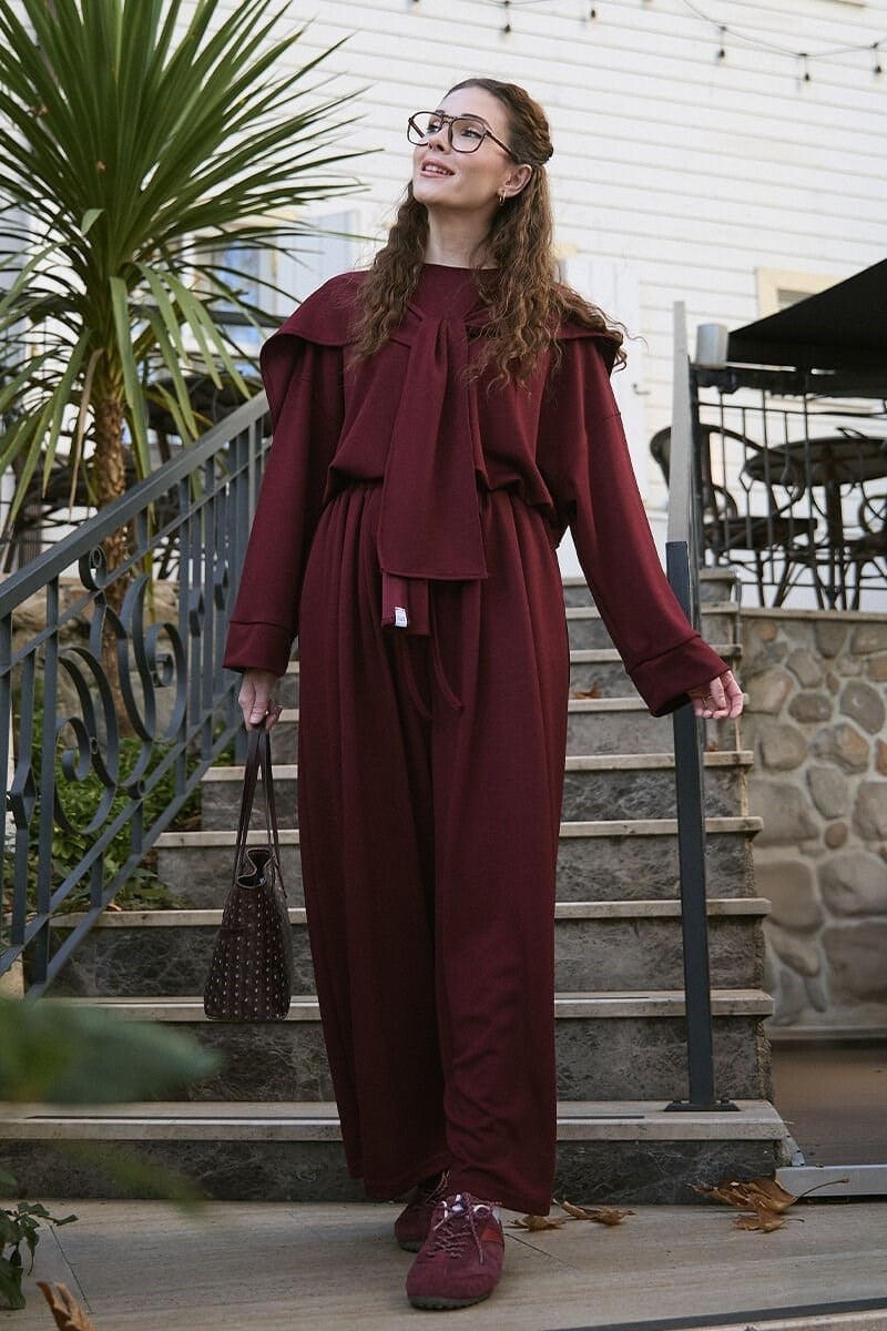 Bordo Oysho Bağlamalı Pantolon Takım