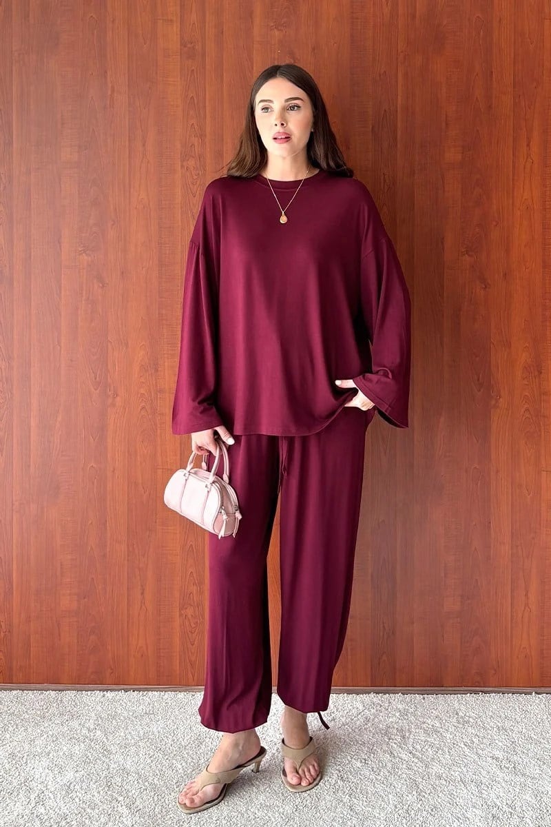 Bordo Ring Viskon Şalvar Pantolon