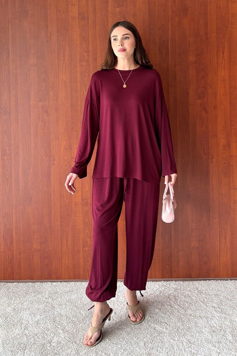 Bordo Viskon Basic Body & Bordo Ring Viskon Şalvar Pantolon