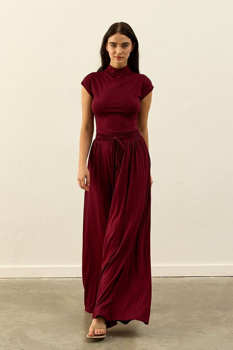 Bordo Viskon Dökümlü Pantolon