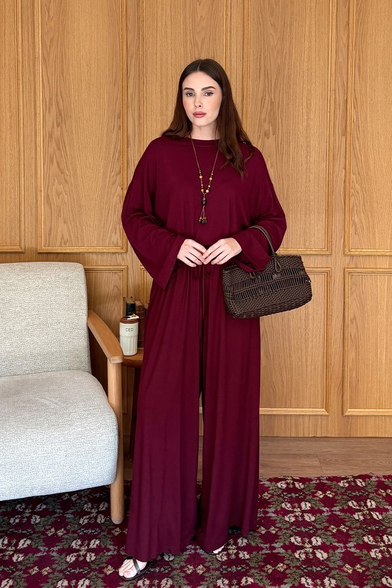 Bordo Viskon Dökümlü Pantolon