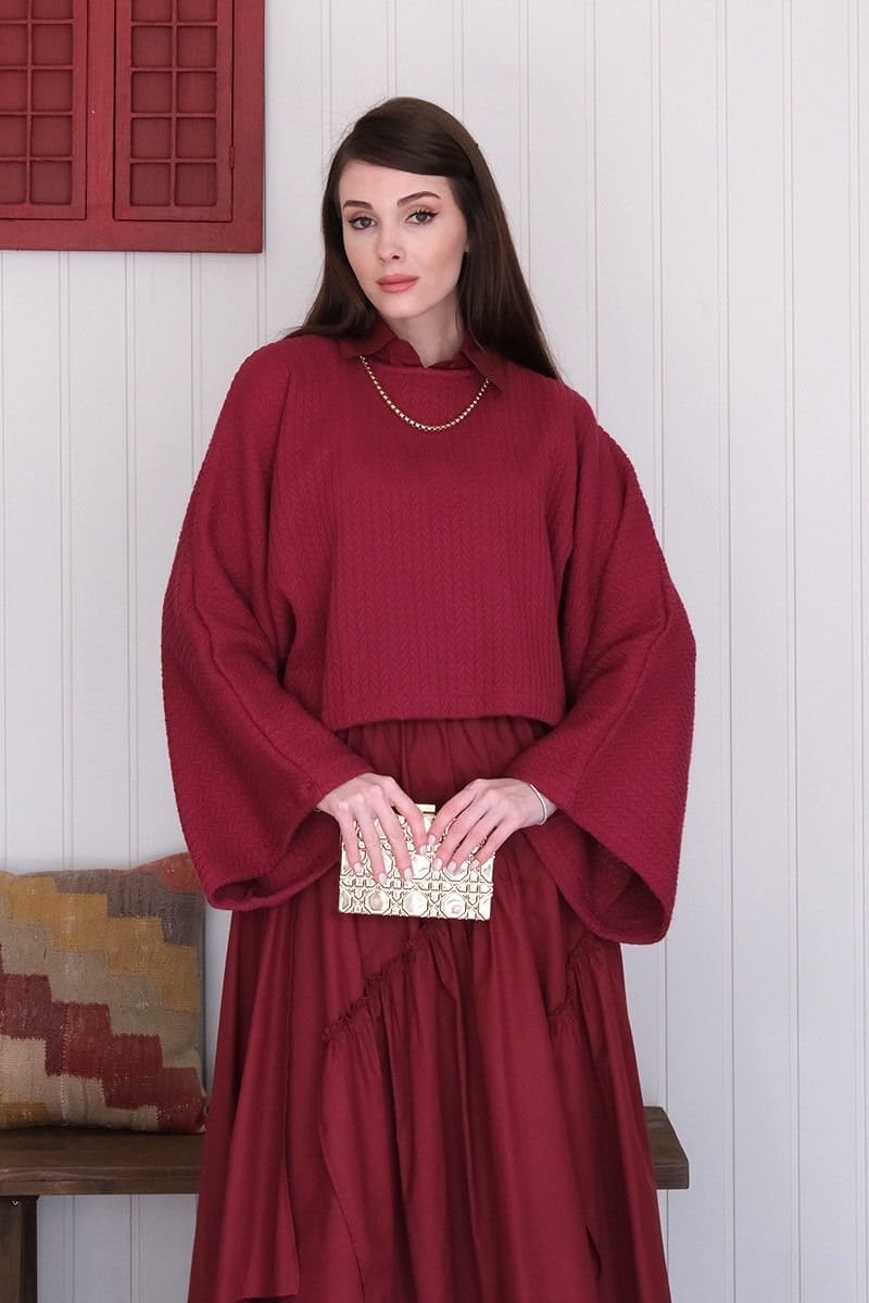 Bordo Yarasa Kol Triko Crop